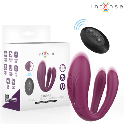 Estimulador roxo SANDRA com comando remoto preto e embalagem branca da marca intense