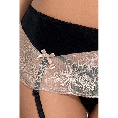 Parte inferior de lingerie preta com renda branca e cinta-liga preta