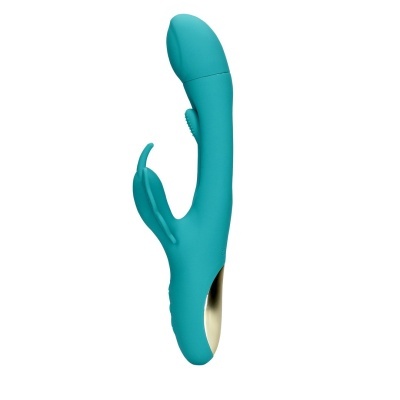 Vibrador azul turquesa anatómico com estimulador duplo