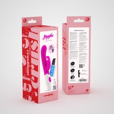 Embalagem rosa e branca de vibrador rabbit ângulo frontal e traseiro