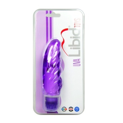 Vibrador roxo translúcido em embalagem blister