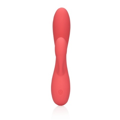 vibrador cor-de-rosa em silicone com duas secções e botão de ligar