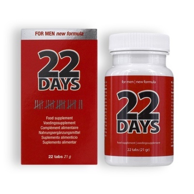 Embalagem vermelha e frasco branco de suplemento alimentar 22 DAYS para homens