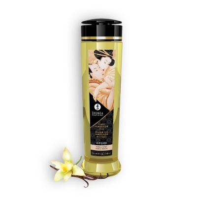 Frasco de óleo de massagem erótica Shunga Desire com design artístico e flor de baunilha