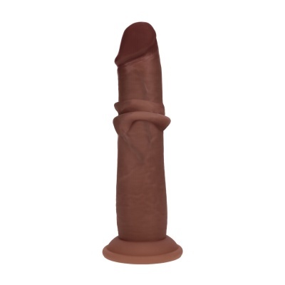 Dildo castanho de silicone com textura realista e base de ventosa