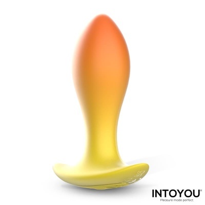Plug anal de silicone gradiente laranja para amarelo sobre fundo branco com texto INTOYOU