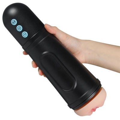 Dispositivo preto cilíndrico com botões azuis e extremidade cor de pele com formato labial
