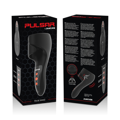 Embalagem preta do produto Pulsar por Jamyjob com descrição e imagem do massageador preto Pulse Wand