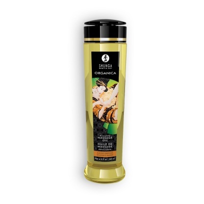 Frasco de óleo de massagem amarelo com rótulo preto com ilustração japonesa