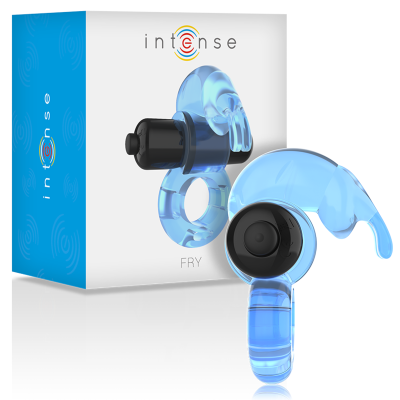 Anel vibratório azul com botão preto e embalagem branca com azul e texto intense FRY