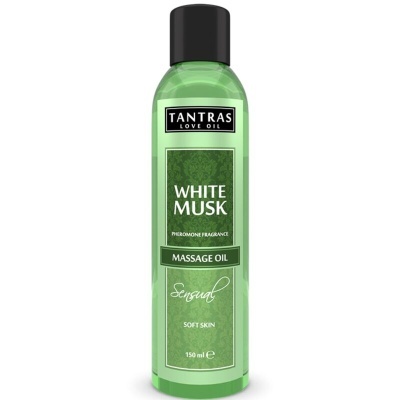 Frasco verde de óleo de massagem White Musk Tantras com tampa preta.