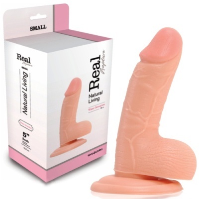 Dildo silicone cor pele com base ventosa e embalagem branca rosa