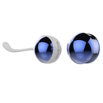 Bolas ben-wa metálicas azul brilhante com detalhes brancos e cordão