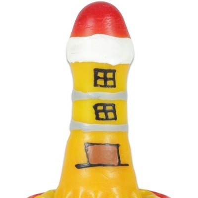 Figura decorativa em forma de farol amarelo com cúpula vermelha e branca