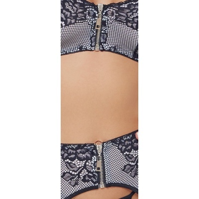Conjunto de lingerie preta em renda com fechos de correr metálicos