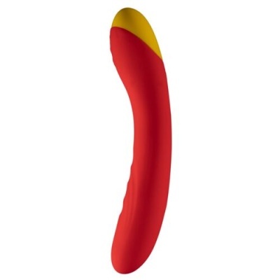 Vibrador vermelho com ponta amarela e superfície lisa