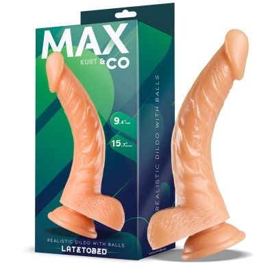 Dildo realista cor de pele com base de ventosa e embalagem ao lado