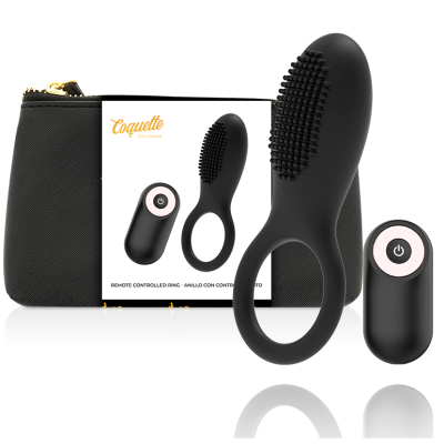 Anel sexual preto com mando remoto e bolsa