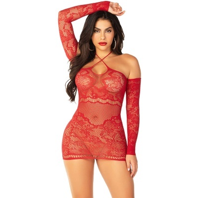 Vestido curto vermelho de renda com mangas compridas independentes e alças finas cruzadas