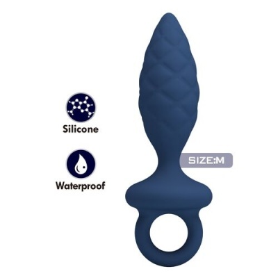 Plug anal azul escuro em silicone com textura matelassê e base em argola