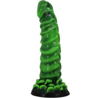 Dildo verde com textura em espiral e base decorada em preto e verde