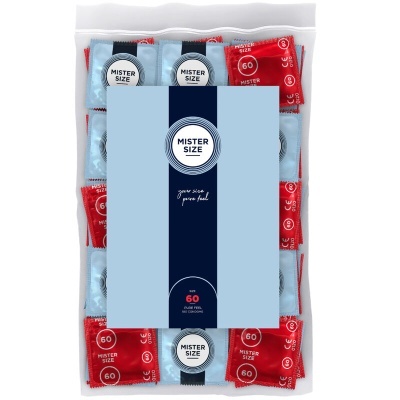 Pacote transparente com preservativos Mister Size em embalagens vermelhas e azuis