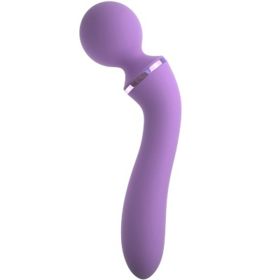 Vibrador de silicone roxo curvo com ponta arredondada e detalhe metálico prateado.