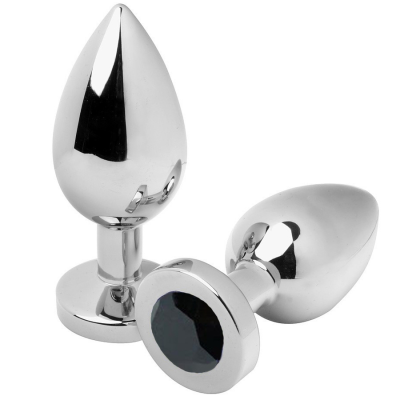 Conjunto de duas peças metálicas prateadas com base circular e pedra preta