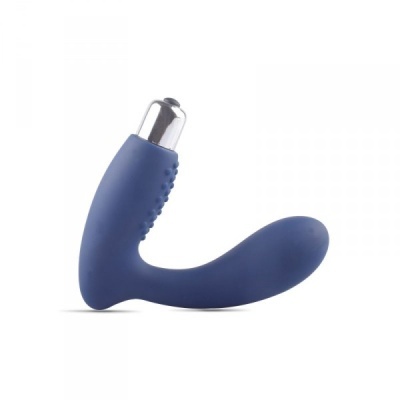 Vibrador azul curvado com parte metálica prateada e textura com botões