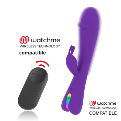 Vibrador roxo com comando remoto preto e texto Watchme WIRELESS TECHNOLOGY compatible