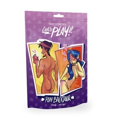 Embalagem roxa de cosméticos com ilustração animada de homem e mulher nus e texto Lets PLAY!! Play Backdoor