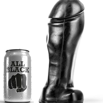 Lata prateada ALL BLACK e objeto preto brilhante de borracha com formato anatômico