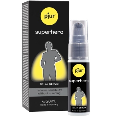 Frasco e caixa do serum pjur superhero delay com cores preto, amarelo e cinzento