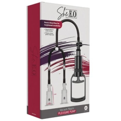 Bomba de sucção para mamilos em embalagem branca e vermelha com texto She E.O e Vacuum Nipple Pleasure Pump
