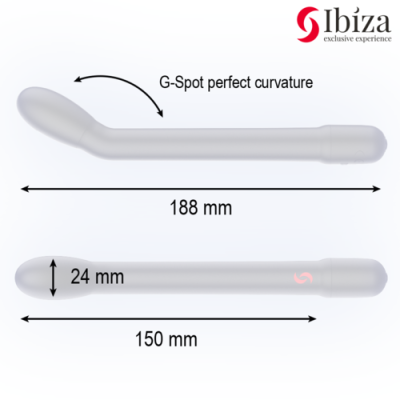 Dois vibradores cinza claros com medidas e indicação de curva para G-Spot, com logótipo Ibiza