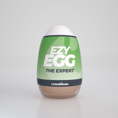 Frasco em forma de ovo com rótulo verde e texto EZY EGG THE EXPERT