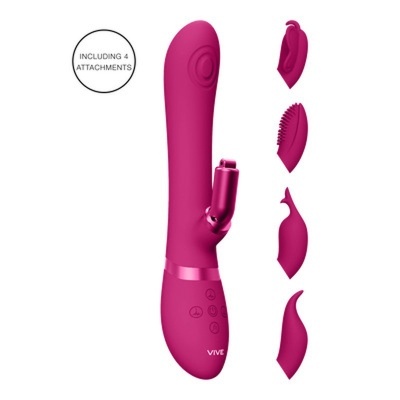 Vibrador cor-de-rosa com quatro acessórios em fundo branco