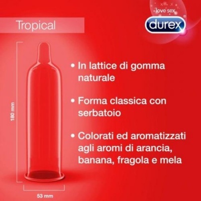 Embalagem vermelha com preservativo e texto em italiano da marca Durex