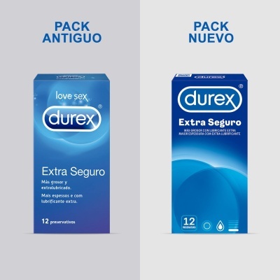 Embalagens antiga e nova de preservativos Durex azul com texto extra seguro.