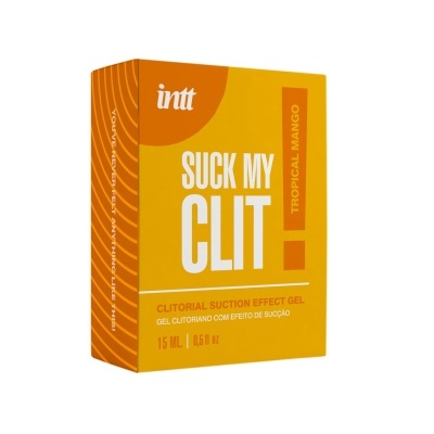 Embalagem amarela e laranja de gel com texto SUCK MY CLIT para efeito de sucção clitoriana sabor Tropical Mango