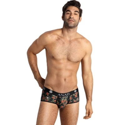 Cuecas boxer masculinas pretas com padrão floral e faixa ANAIS