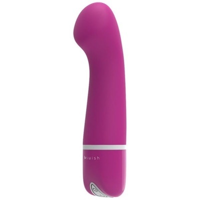 Vibrador roxo curvo com detalhes em branco e marca bswish.