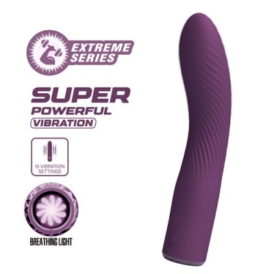 Vibrador roxo com textura ondulada e texto de funcionalidade na embalagem