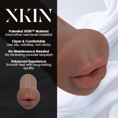 Produto em forma de lábios marrons com descrição do material XKIN