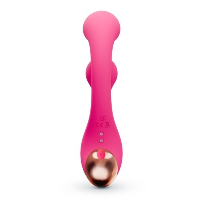 Dispositivo cor-de-rosa com acabamento metálico dourado e botão central