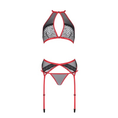 Conjunto de lingerie preta com renda e bordas vermelhas, com cinta-liga e alças ajustáveis