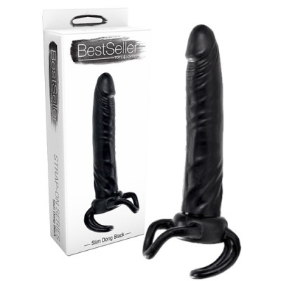 Dildo preto com textura realista e presilhas, com embalagem branca ao lado
