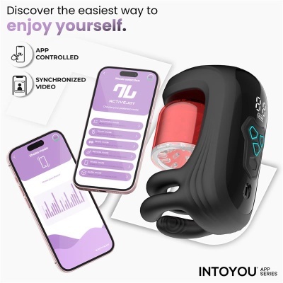 Dispositivo eletrônico preto com app ACTIVEJOY mostrado em dois smartphones