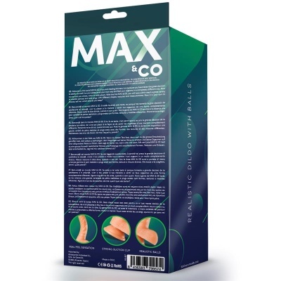 Embalagem de produto dildo realista azul e verde com texto e imagens do produto