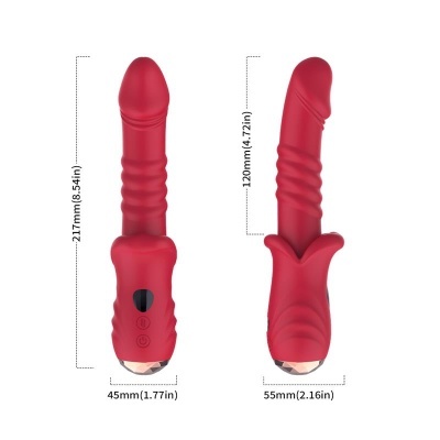 Dois vibradores vermelhos de silicone com botões e medidas visíveis